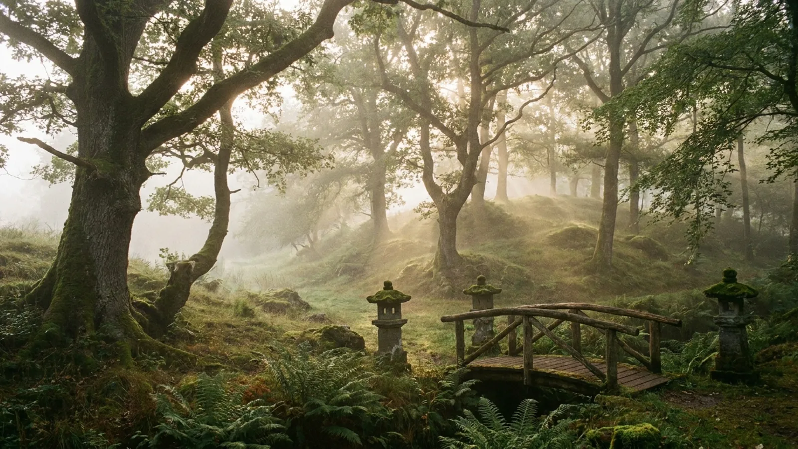 Misty morning in the Eifel forest with dappled sunlight
