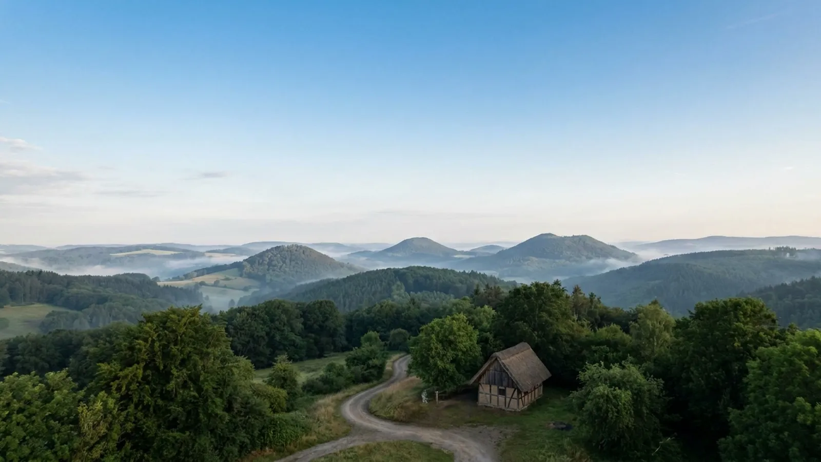 Panoramic view of the Eifel landscape with rolling hills and forests under a clear sky.