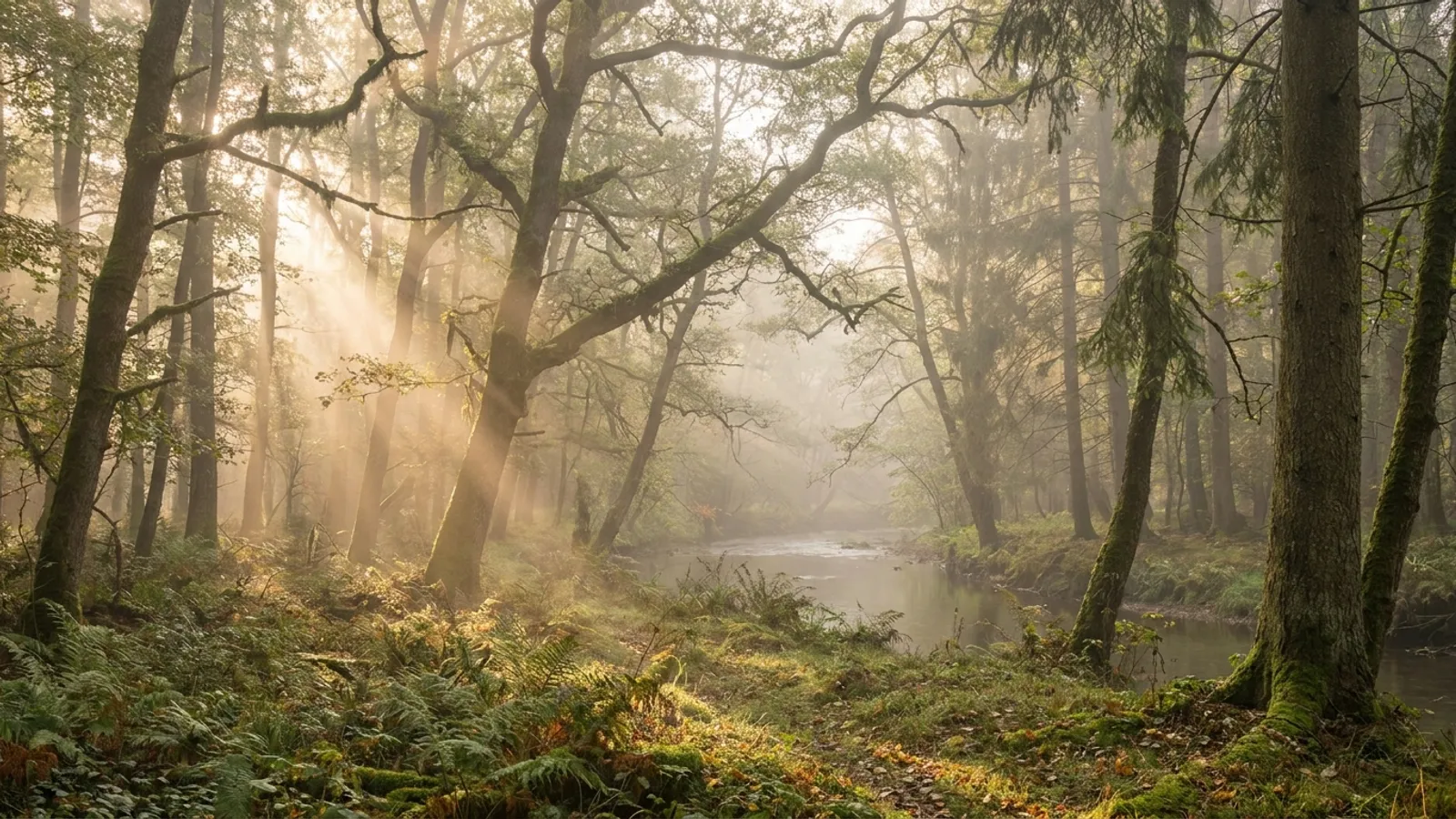 Misty morning in the Eifel forest, sun filtering through trees